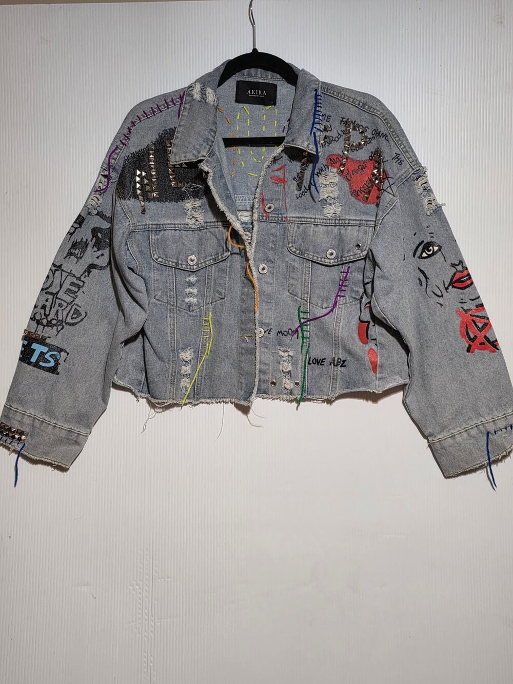 S AKIRA Distressed Denim Jacket Graphic Studded Hand-Painted Streetwear Cropped